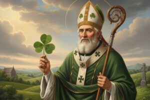 São Patrício segurando um trevo para explicar a Santíssima Trindade