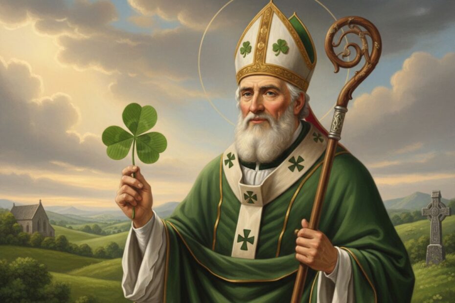 São Patrício segurando um trevo para explicar a Santíssima Trindade